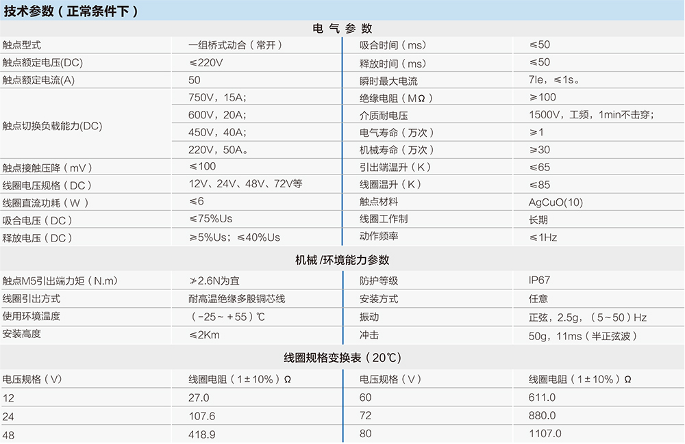 高壓直流接觸器技（jì）術參數