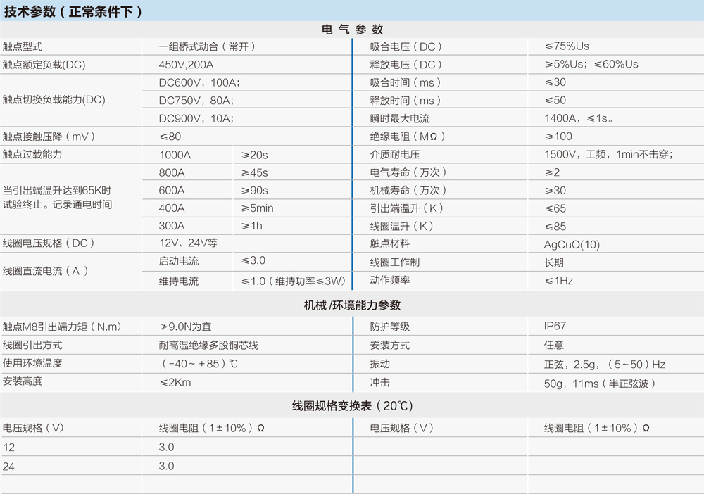 全密封高壓直流接觸器技術參數（shù）